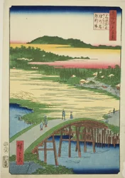 Sugatami-Brücke, Omokage-Brücke und die Kiesgrube bei Takata (Takata Sugataminohashi Omokagenohashi jariba), aus der Serie "Hundert berühmte Ansichten von Edo (Meisho Edo hyakkei)"