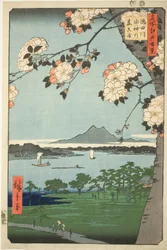 Suijin-Schrein und Massaki am Sumida-Fluss (Sumidagawa Suijin no mori Massaki), aus der Serie "Einhundert berühmte Ansichten von Edo (Meisho Edo hyakkei)"