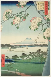 Suijin-Schrein und Massaki am Sumida-Fluss, aus der Serie „Hundert berühmte Ansichten von Edo“