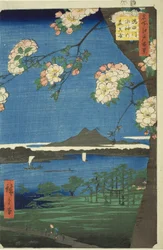 Suijin-Schrein und Massaki am Sumida-Fluss, aus der Serie "Hundert berühmte Ansichten von Edo"