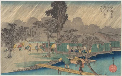 Teehäuser am Ufer des Tadasu-Flusses bei einem Regenschauer