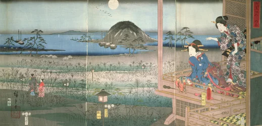 Die Dame Fujitsubo beobachtet Prinz Genji, der im Mondlicht fortgeht, 1853