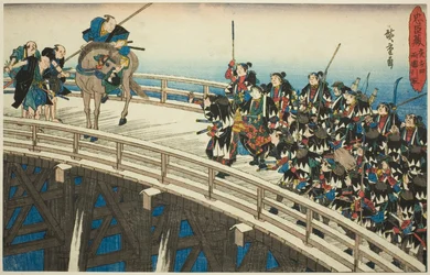 Der nächtliche Angriff, Teil 4 [sic; eigentlich 5]: Der Rückzug über die Ryogoku-Brücke, aus der Serie "Die Rache der loyalen Vasallen (Chushingura)"