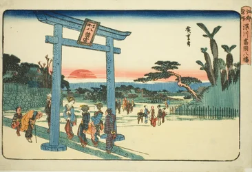Der Tomigaoka Hachiman-Schrein in Fukagawa (Fukagawa Tomigaoka Hachiman), aus der Serie "Berühmte Orte in Edo (Koto meisho)"