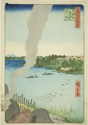 Ziegelöfen und Hashiba-Fähre am Sumida-Fluss (Sumidagawa Hashiba no watashi kawaragama), aus der Serie "Hundert berühmte Ansichten von Edo (Meisho Edo hyakkei)"