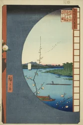 Blick von Massaki auf den Suijin-Schrein, Uchigawa-Inlet und Sekiya, aus der Serie "Hundert berühmte Ansichten von Edo"