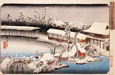 Ansicht des Kameido-Tenmangū-Schreins im Schnee