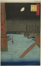 Blick auf die Insel Tsukuda von der Eitai-Brücke (Eitaibashi Tsukudajima), aus der Serie "Hundert berühmte Ansichten von Edo (Meisho Edo hyakkei)"
