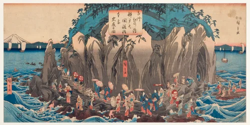 Ansicht einer Pilgerfahrt zur Höhle und zum Schrein der Benzaiten in Enoshima, Sagami, ca. 1850-51