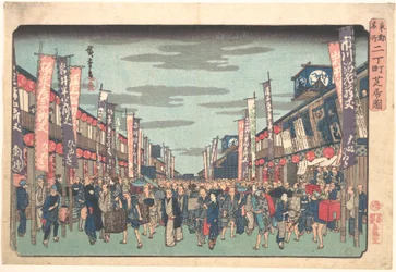 Ansicht der Kabuki-Theater in Sakai-cho am Eröffnungstag der neuen Saison (Sakai-cho Shibai no Zu), aus der Serie „Toto Meisho“