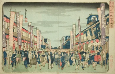 Ansicht der Theater in Nichomachi (Nichomachi shibai no zu), aus der Serie "Berühmte Orte in der östlichen Hauptstadt (Toto meisho)"