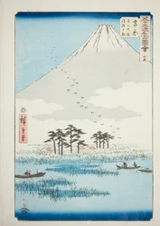 Yoshiwara: Fuji-Sumpf und Ukishima-Ebene (Yoshiwara, Fuji no numa ukishima ga hara), Nr. 15 aus der Serie Berühmte Ansichten der dreiundfünfzig Stationen (Gojusan tsugi meisho zue), auch bekannt als der vertikale Tokaido