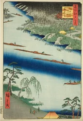 Zenkoji-Tempel und die Fähre bei Kawaguchi (Kawaguchi no watashi Zenkoji), aus der Serie "Hundert berühmte Ansichten von Edo (Meisho Edo hyakkei)"
