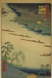 Zenkoji-Tempel und die Fähre bei Kawaguchi (Kawaguchi no watashi Zenkoji), aus der Serie "Hundert berühmte Ansichten von Edo (Meisho Edo hyakkei)"