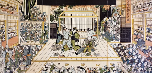 Kabuki-Theateraufführung in Edo, Ukiyo-e-Kunstdruck von Utagawa Kunimaru (1794-1829), Holzschnitt, japanische Zivilisation, Edo-Periode
