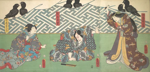 Drei Schauspieler auf der Bühne: Kumagai Naozane