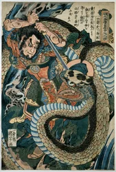 Chūsenko Teitokuson (Ding Desun) von einer Schlange auf einem Bergpfad angegriffen