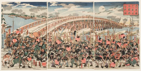 Elfter Akt des "Chushingura": Die loyalen Gefolgsleute versammeln sich an der Ryogoku-Brücke