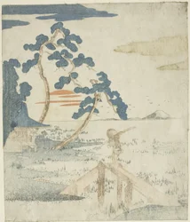 Mann überquert eine Brücke bei Sonnenaufgang, aus einer unbetitelten Ausgabe (ohne Poesie) der Illustrationen für die Serie "Fünf Drucke des Berges Fuji (Fuji goban no uchi)"