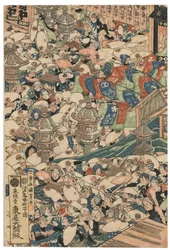 Pilger am Roben-Wasserfall in Oyama, signiert Ichiyusai Kuniyoshi, veröffentlicht von Azumaya Daisuke, kiwame-Siegel, Oban tate-e Triptychon