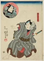 Die Schauspieler Ichimura Uzaemon XII als Goshaku Somegoro und Onoe Kikugoro III als Denkichi Tsuchizaemon (Einsatz)