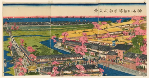 Panoramablick auf das Vergnügungsviertel in Yokohama, Kanagawa (Kanagawa Yokohama hanakuruwa no kokei)