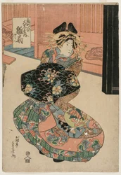 Die Kurtisane Hinaogi von Daikokuya am Eingang von Kadomachi