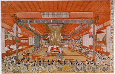 Eine Shinto-Zeremonie, die eine Zeremonie der Shinto-Verehrung darstellt, die älteste Religion in Japan. Japanischer Druck von Utagawa Toyoharu (1735-1814). Paris, Guimet Museum, Museum für asiatische Kunst.
