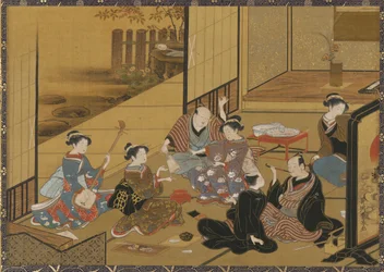 Innenszene einer Party mit Geisha und Kunden