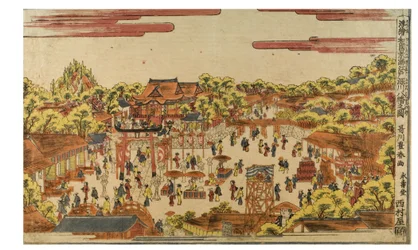 Perspektivbild des Hachiman-Schreins am Fukagawa-Fluss