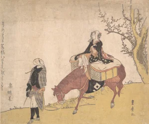 Version der Legende von Michizane: Frau reitet auf einem Pferd, das ein Mann führt