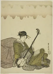 Frau spielt Shamisen, aus einer unbetitelten Serie von Frauen in der Freizeit
