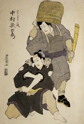 Nahaufnahme von zwei Kabuki-Schauspielern bei der Aufführung