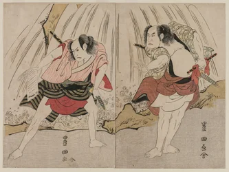 Kataoka Nizaemon VII. und Ichikawa Yaozo III. bei einer Konfrontation neben einem Wasserfall