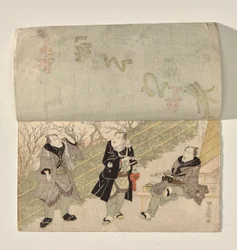 Kabuki-Bühne mit einem Vorhang, der drei Kabuki-Schauspieler enthüllt