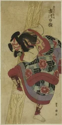 Der Schauspieler Ichikawa Hakuen als Akushichibyoe Kagekiyo im Stück "Hatsumonbi Yosooi Soga," aufgeführt im Kawarazaki-Theater im ersten Monat, 1802