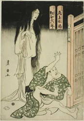 Die Schauspieler Onoe Matsusuke I als Geist der Amme Iohata und Matsumoto Kojiro als Mokuemon, im Stück "Tokubei von Indien: Geschichten aus fremden Ländern (Tenjiku Tokubei ikoku banashi)"