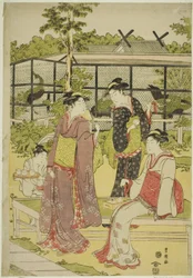 Frauen besuchen das Vogel- und Blumenteehaus (Kachojaya)