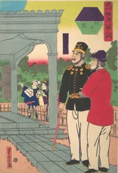 Abendglühen in Motomura [Zwei Engländer betrachten den Sonnenuntergang], 1. Monat, 1861