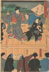 Abendglühen bei einem Wandertheater [Chinesen sehen ein Kabuki-Stück], 1. Monat, 1861