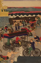 Blühender Nihonbashi-Abschnitt von Tokio. Tokyo Nihonbashi han ei no zu Triptychon