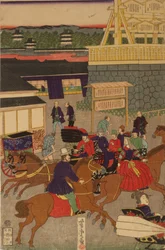 Blühender Nihonbashi-Abschnitt von Tokio. Tokyo Nihonbashi han ei no zu Triptychon