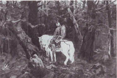 Im Nachdenken (Ritter auf einem Pferd reitet in einen dichten Wald)