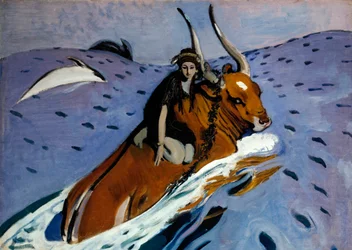 Die Entführung Europas. Die schöne phönizische Prinzessin sitzt auf dem Rücken des in einen Stier verwandelten Zeus, der sie, umgeben von Delfinen, ins Meer trägt.