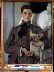 Porträt des Prinzen Felix Yusupov, Graf Sumarokov Elston (1887-1967), mit einem Hund. Gemälde von Valentin Alexandrovich Serov (1865-1911), Öl auf Leinwand