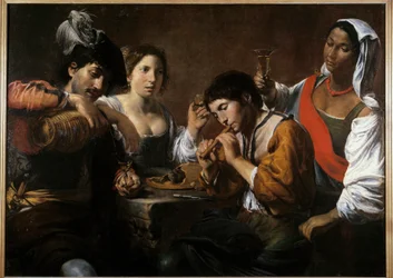 Treffen in einem Kabarett Gemälde von Valentin de Boulogne (1591-1632) 17. Jahrhundert