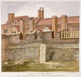 Überreste der Londoner Mauer im Kirchhof von St. Giles ohne Cripplegate, City of London, 1825