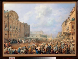 Parade auf der Newa-Allee (Nevski-Prospekt) am Belosselski-Belozerski-Palast