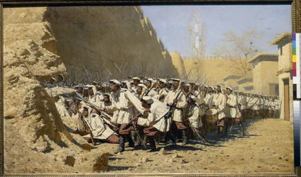 An den Festungsmauern, Lasst sie herein! (Versammlung der Truppen vor der Schlacht). Gemälde von Vasili Vasilyevich Vereshchagin (1842-1904)