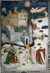 Monat Januar: verschneite Landschaft mit Aristokraten und Jägern